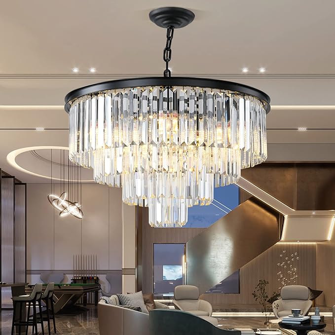 Black Modern Crystal Chandelier, 4-Tier Round Flush Mount Ceiling Light - Image 6