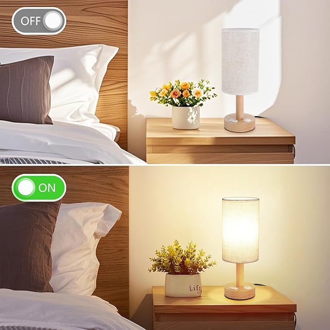 Small Bedside Table Lamp with AC Outlet, Natural Wood Base & Linen Shade - Image 7