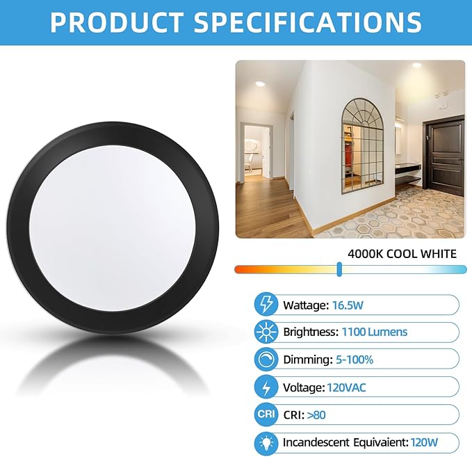 ECOELER 5/6 Inch Black LED Disk Lights, Dimmable Flush Mount Disc Downlight - Image 3