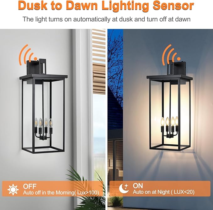 tewei 26in Large Size Dusk to Dawn Outdoor Wall Lights, Matte Black Exterior - Image 3