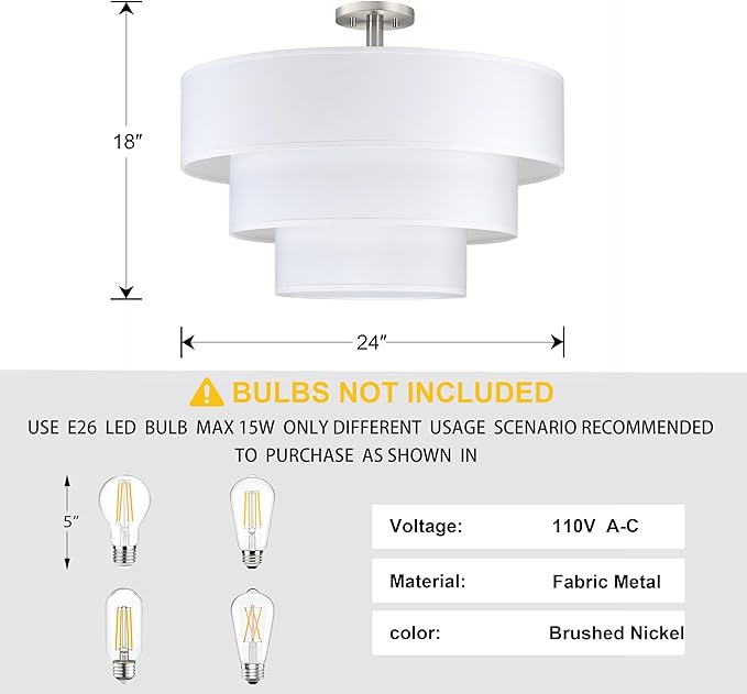 Doraimi Lighting 3 Tier White Linen Drum Fabric Semi Flush Mount Light Modern - Image 2