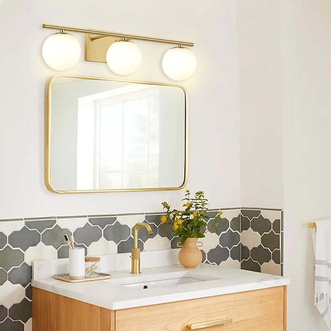 New Bathroom Vanity Light 3 Lights Fixtures Brushed Brass Milk White Globe - Image 7