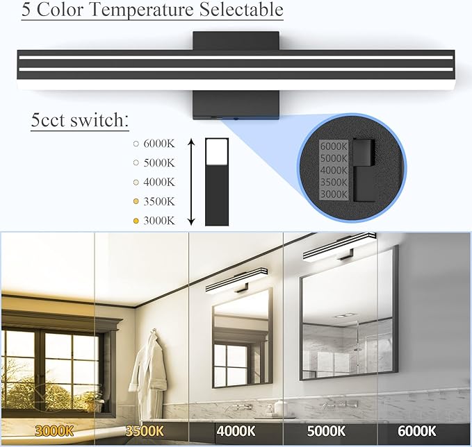 Ralbay Black Vanity Light 5 Color Temperature Dimmable LED Modern Bathroom - Image 2