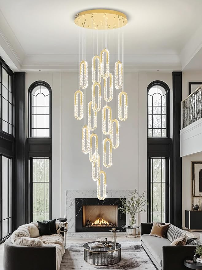 H138 High Ceiling Crystal Chandelier, Modern Oval Ring LED Chandeliers - Image 6