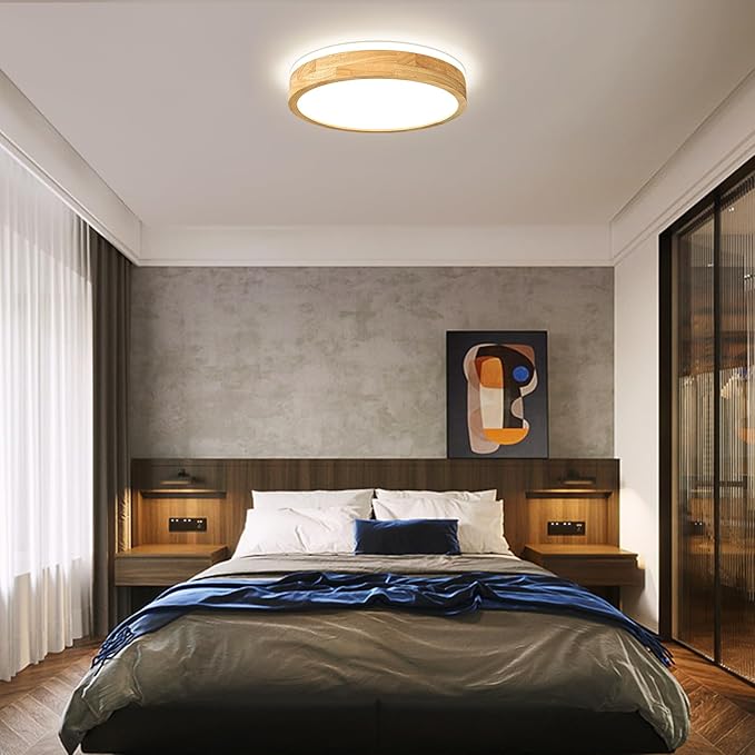 Modern Dimmable Wood Flush Mount Ceiling Light, 2700K-6000K 5CCT Round Close to - Image 7