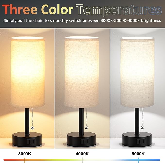 Fenmzee Bedside Table Lamps Set of 2-3 Color Temperatures Pull Chain Lamp - Image 3