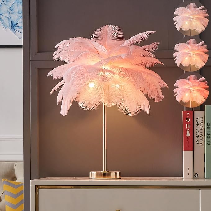 White Ostrich Feather Lamp, 3-Color Temperature Modes, 40 Feathers and 5 G4 LED by LINCWONZ