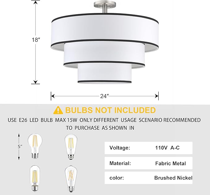Doraimi Lighting 3 Tier Black White Linen Drum Fabric Semi Flush Mount Light - Image 2