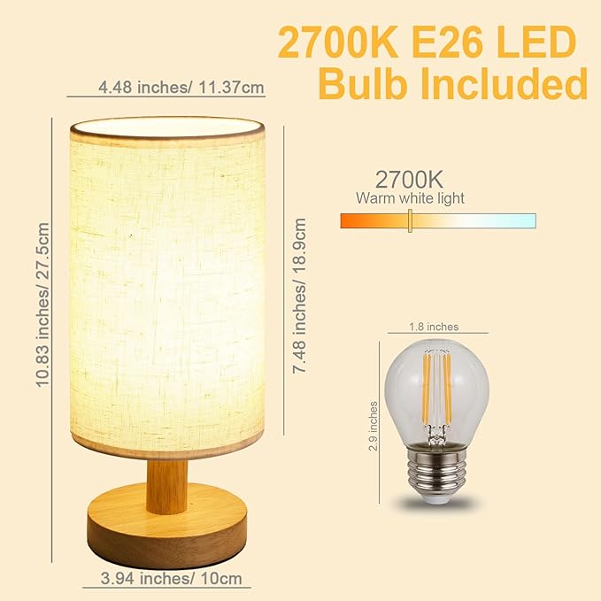 Small Bedside Table Lamp for Bedroom, Minimalist Wood Base & Round Fabric Shade - Image 3