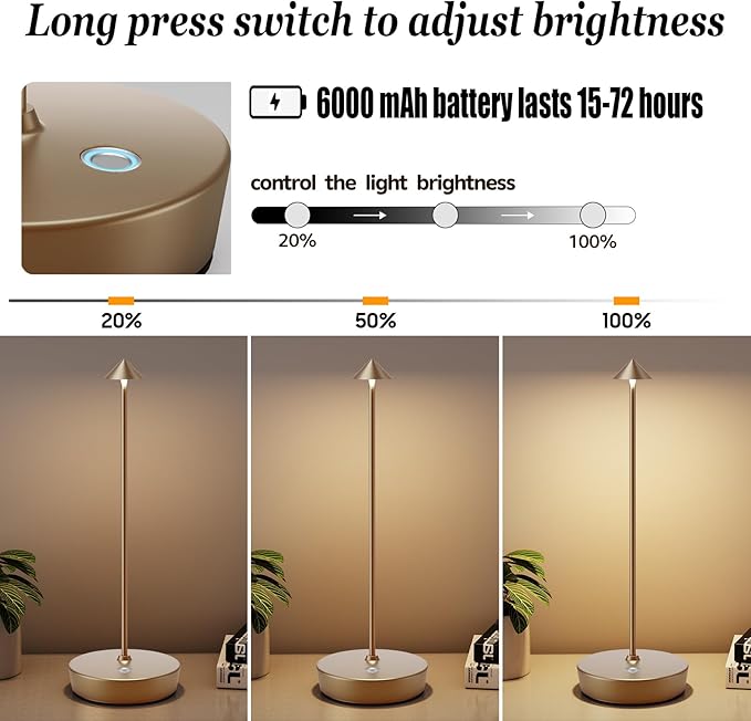 Rechargeable Cordless Table Lamp, Portable Powered LED Battery 6000mAh Metal - Image 4