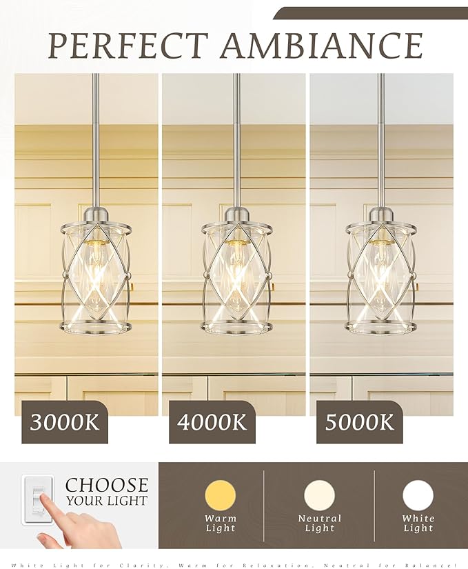 Brushed Nickel Pendant Lights Kitchen Island 2 Pack, Mini Glass Pendant Light - Image 2