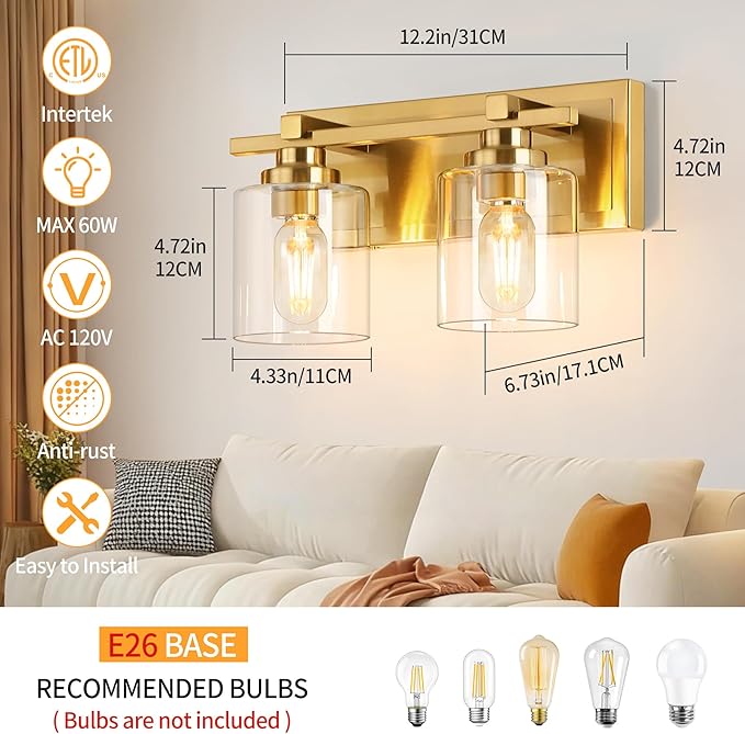 2 Light Modern Bathroom Light Fixtures Over Mirror, Brass Finish Vanity Lights - Image 5