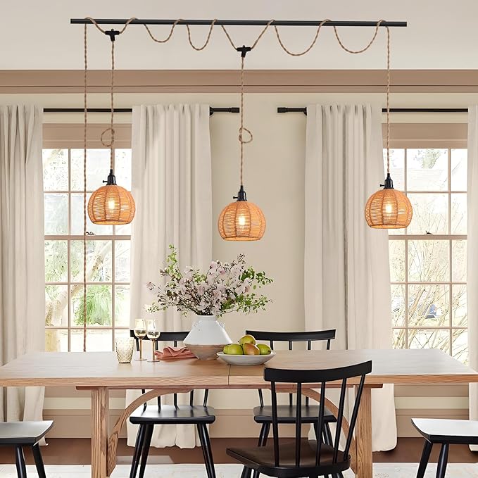 3-Light Hanging Light with Plug in Cord, Plug in Pendant Light 22ft Hemp Rope - Image 2