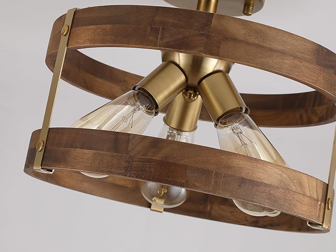 3-Light Rustic Farmhouse Wood Flush Mount Ceiling Light Fixture 12.59 inch Oak - Image 5