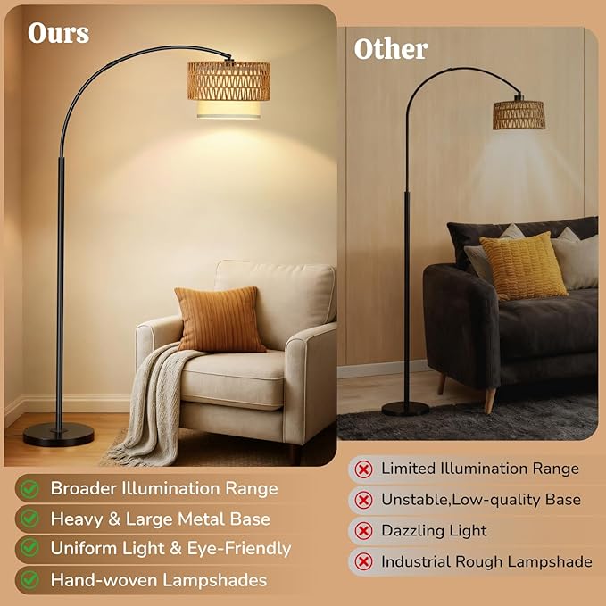 Arc Floor Lamp for Living Room, Rattan Boho Floor Lamp - Image 7