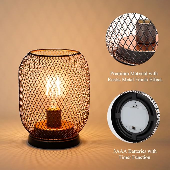 TRIROCKS Set of 2 Battery Operated Lamp LED Table Lantern, Metal Cage Cordless - Image 4