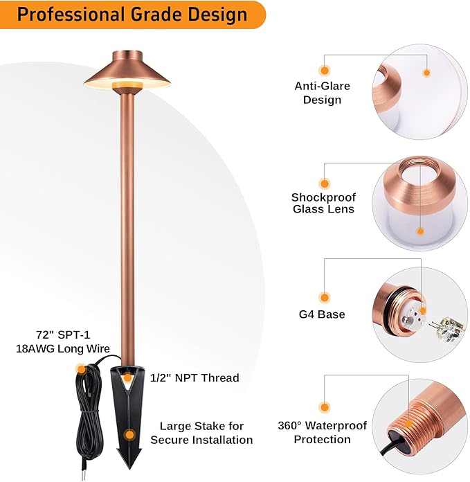Gardenreet 12V Brass Outdoor Landscape Copper Pathway Lights LED Low Voltage - Image 9