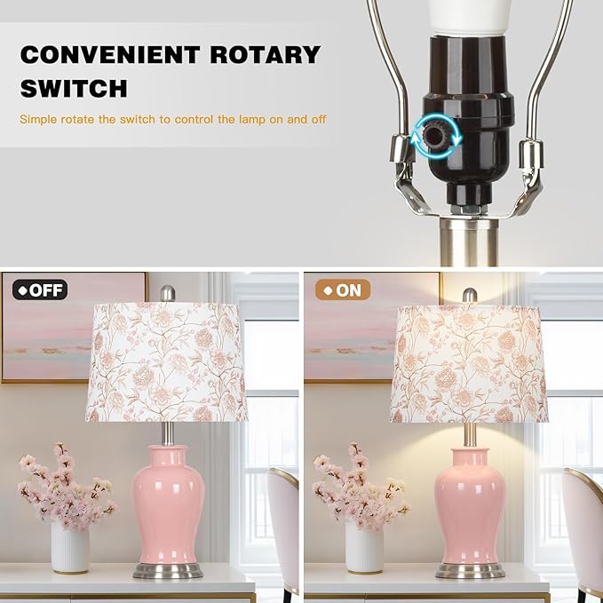 Pink Ceramic Table Lamp with Flower Lampshade, Modern Living Room Lamps Set 2 - Image 4