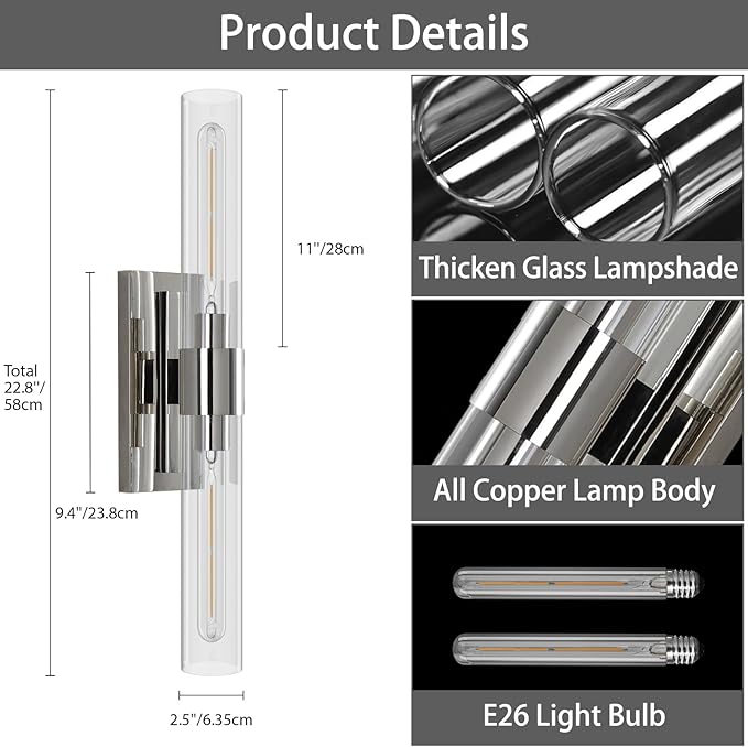 YUYI Nickel Wall Sconce Light, 22.8'' Indoor Sconces Wall Decor - Image 3