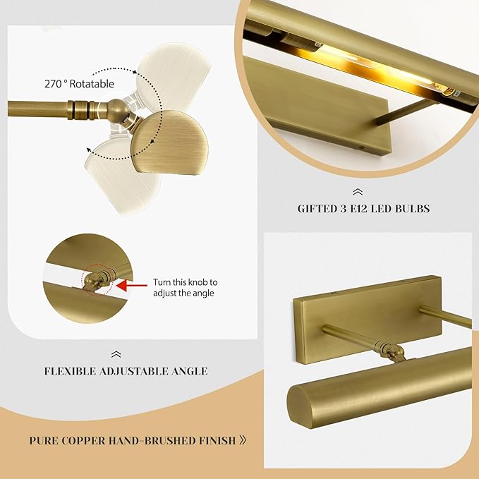 Brass Picture Lights for Wall, 3-Light Brush Gold Art Light, Warm White 2700k - Image 5