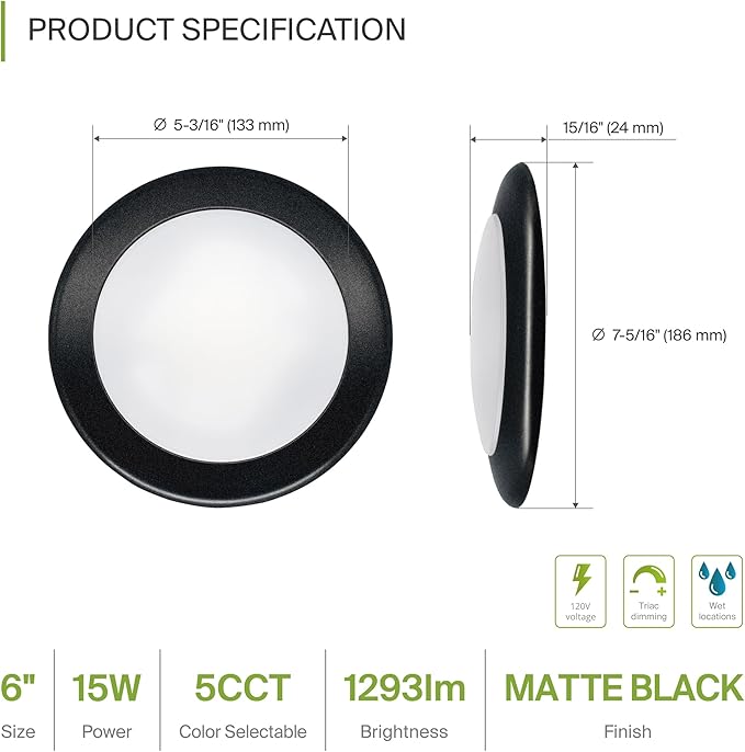 ASD 1 Pack LED Disk Lights 6 Inch, 15W 5CCT 2700K-5000K 1245LM CRI90+, Dimmable - Image 2