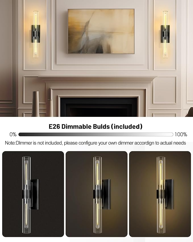 Bathroom Black Vanity Wall Sconces, 2-Light Glass Tube Wall Sconces, Horizontal - Image 8