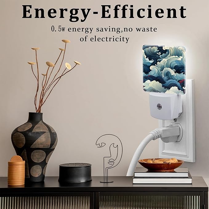 Blue White Ocean Waves Night Light Plug into Wall, Cartoon Sea Waves Dusk to - Image 4