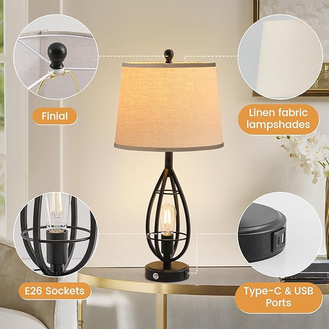 27.8" Farmhouse Table Lamps for Living Room Set of 2, Rustic Nightstand Lamps - Image 7
