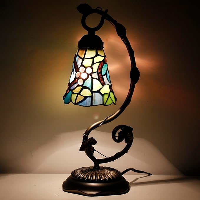 Tiffany Lamp Stained Glass Desk Reading Bedside Light, Metal Leaf Table Lamp by ANYONGLU