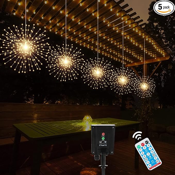 5 Pack Solar Starburst Sphere Lights, 200 LED Firework Light, 8 Modes Dimmable by PXBNIUYA