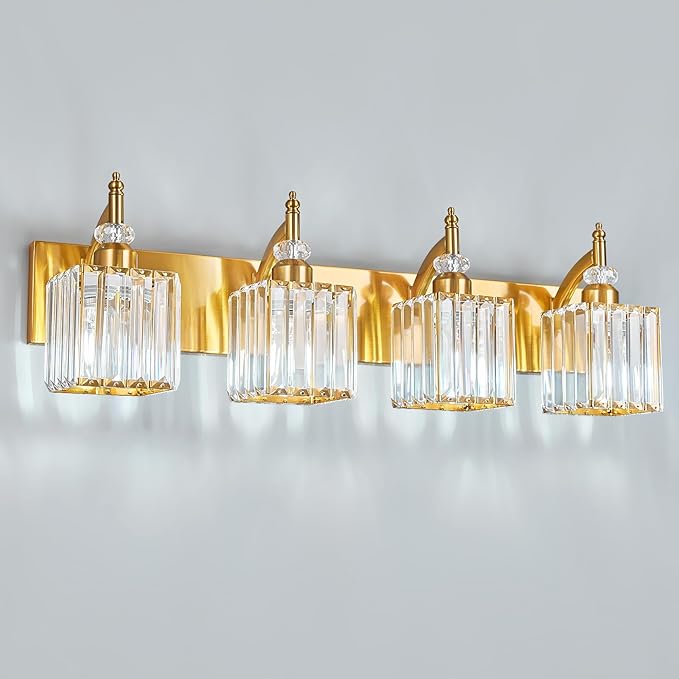 Modern Bathroom Vanity Light 4-Light Gold Crystal Light Fixtures Over Mirror by BBLLWJ