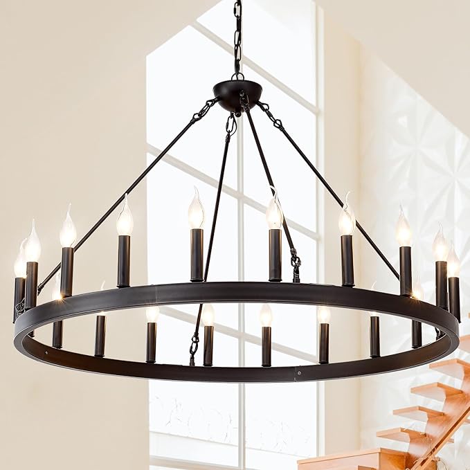 Black Wagon Wheel Chandelier 40 inch, 20-Light Farmhouse Wagon Wheel by ZBMYRBZJ
