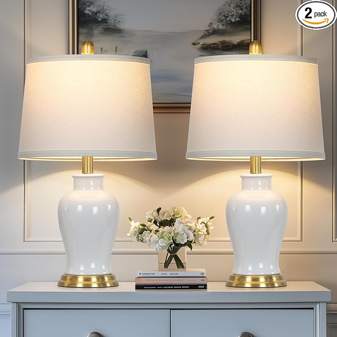 White Ceramic Table Lamps Set of 2, Farmhouse Lamp by Unknown