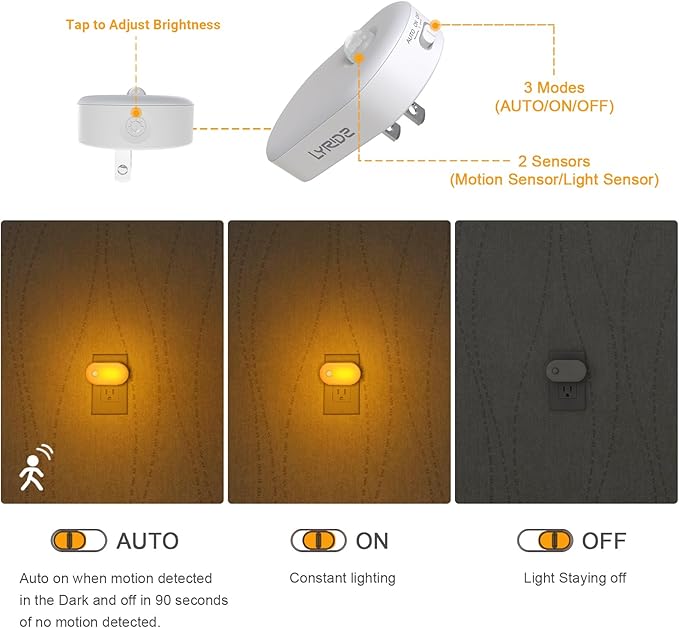 Lyridz Amber Night Light with Motion Sensor, Plug in LED Nightlights, 120LM - Image 5