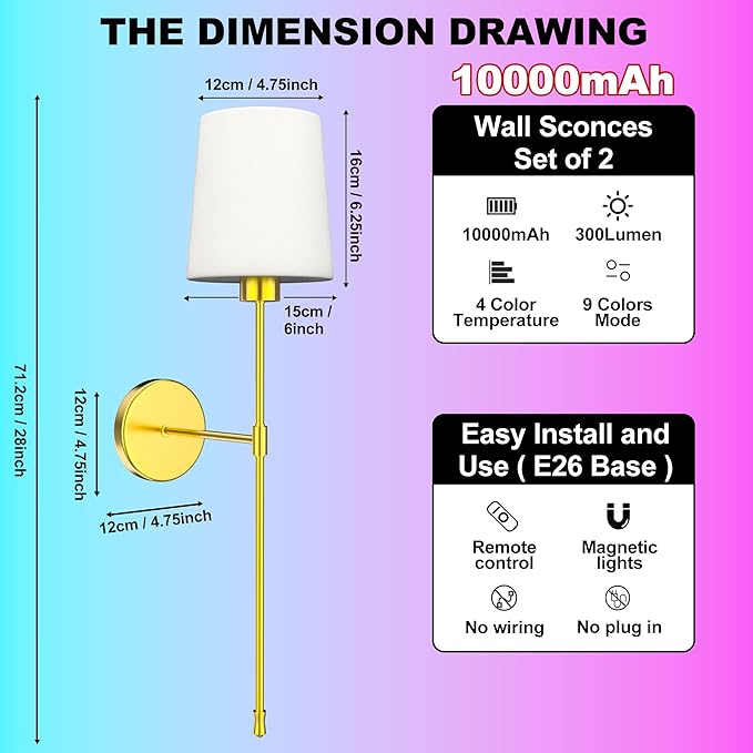 10000mAh Battery Operated Wall Sconces Set of Two, 28 Inches Long Wireless - Image 6