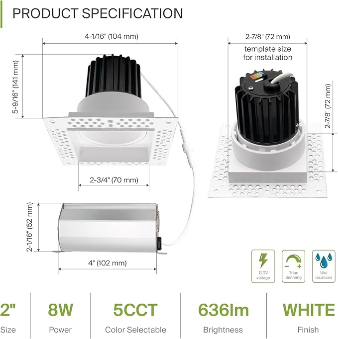 ASD Trimless 2 Inch LED Recessed Lighting, 8W 120V Commercial Square Downlight - Image 2