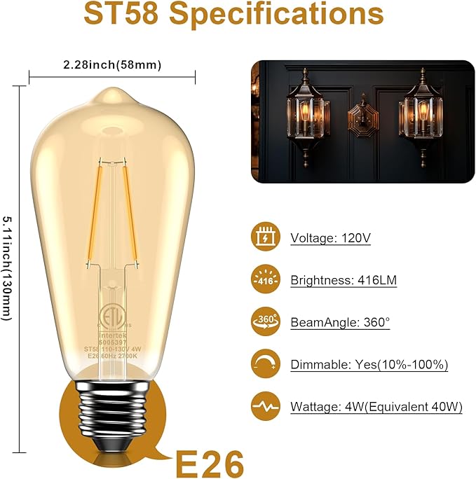 ASOKO ST58 Antique LED Filament Light Bulbs, LED Dimmable Edison Light Bulbs 4W - Image 2