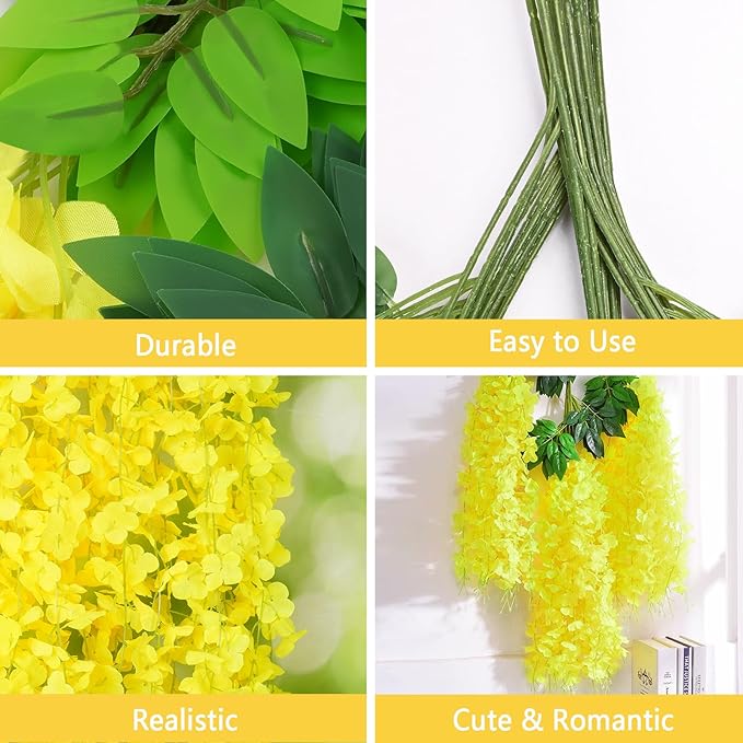 BLEUM CADE 10Pcs Yellow Fake Wisteria Hanging Flowers, 3.6Ft/Pcs Artificial - Image 3
