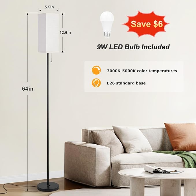 Ambimall Floor Lamp with 3 Color Temperatures Bulb & Pull Chain Switch - Image 2
