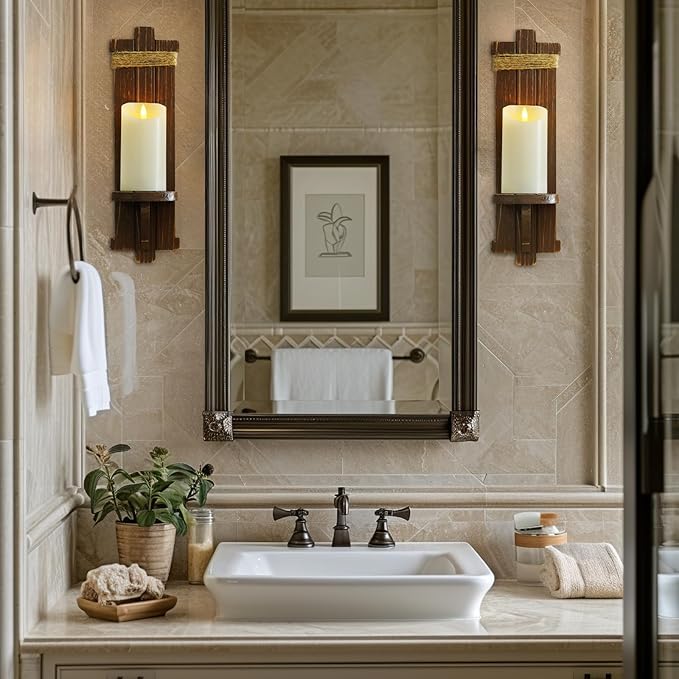 Homemory Wall Sconces Candle Holder Set of 2, Farmhouse Wooden Rustic Wall Decor - Image 3