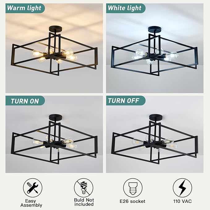 ZGLAOJT 6-Lights Close to Ceiling Light 22.83 Inch Black Light Fixture - Image 4