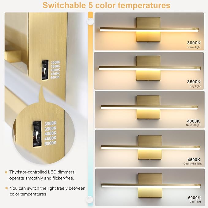 Brushed Gold Vanity Light 16 Inch Modern Bathroom Light Fixtures 14W Wall - Image 5