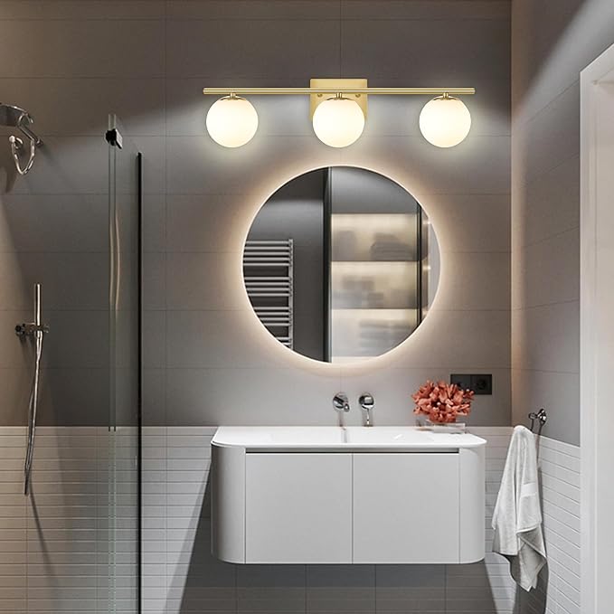 New Bathroom Vanity Light Fixtures 3 Lights Brushed Brass Glass Shade Modern - Image 7