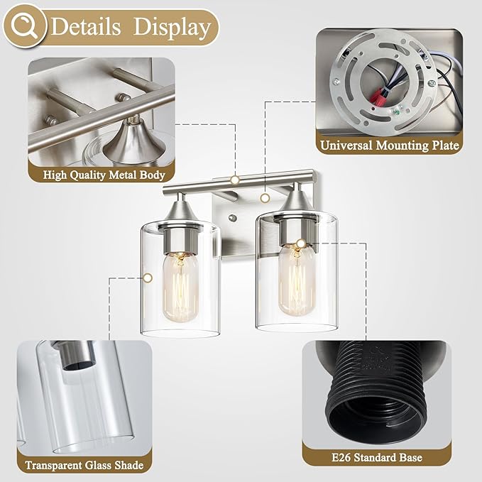 Bathroom Vanity Light Fixture, 2-Light Brushed Nickel Over Mirror, Modern - Image 5