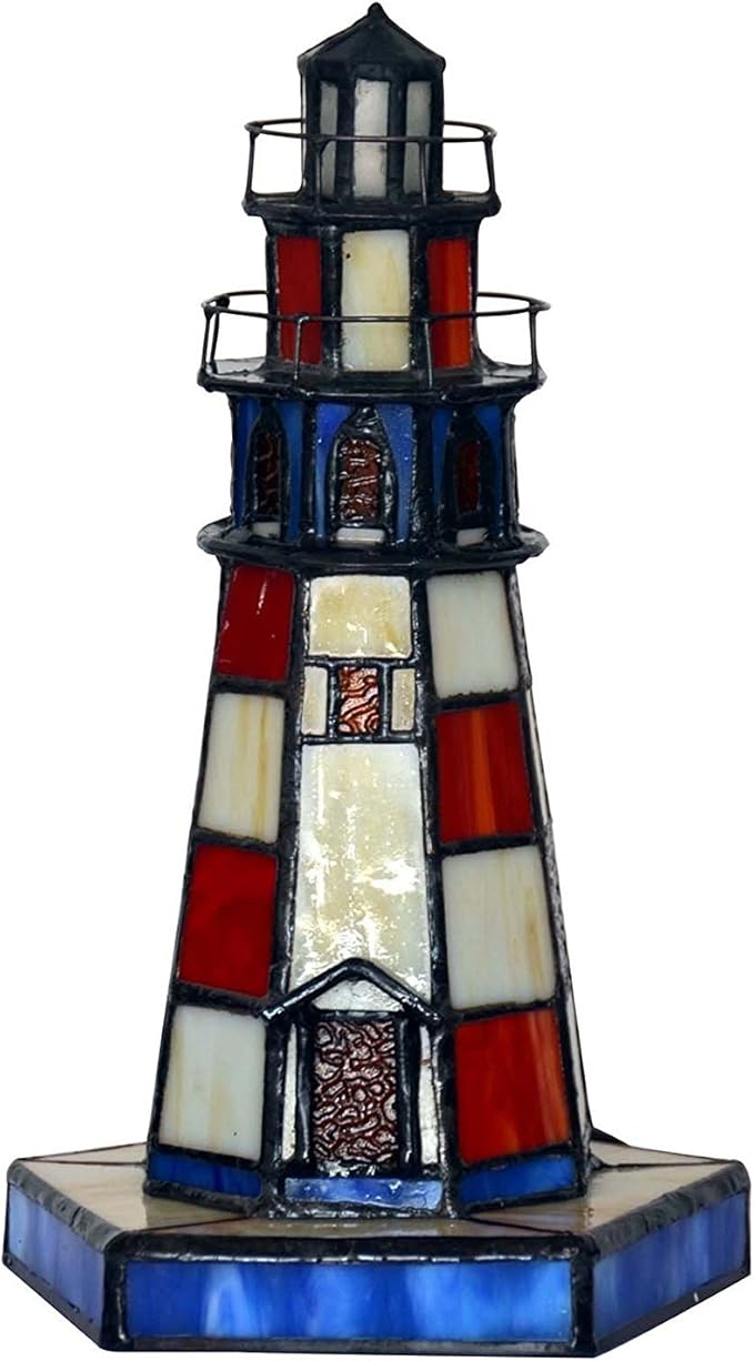 Bieye L11005 Lighthouse Tiffany Style Stained Glass Accent Table Lamp Night - Image 2