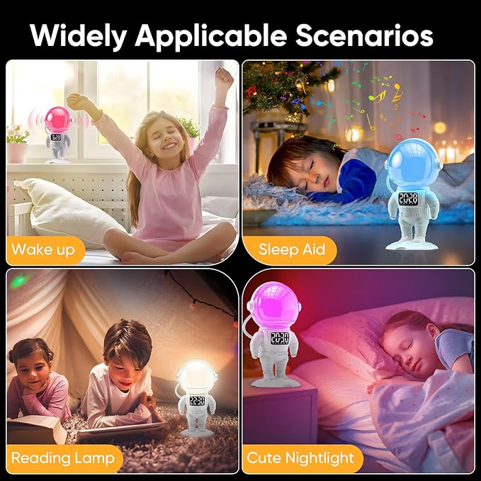 Astronaut Sunrise Alarm Clock for Kids, 22 Dimmable Nightlights, Dual Digital - Image 6