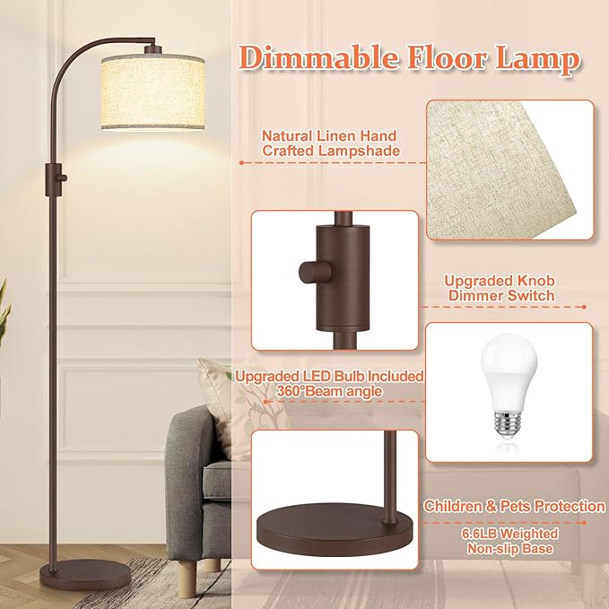 【Upgraded】 Dimmable Matte Brown Floor Lamp, 1200 Lumens LED Bulb Included - Image 4