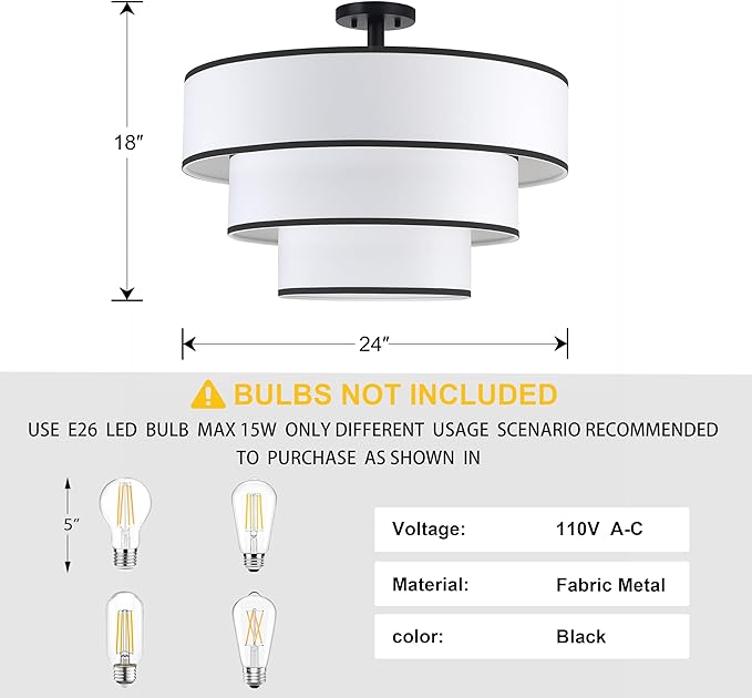 Doraimi Lighting 3 Tier Black White Drum Fabric Semi Flush Mount Light Modern - Image 2
