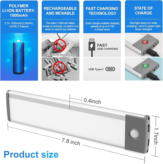 30-LED Under Cabinet Lights, USB Rechargeable Kitchen Night Light, Battery - Image 3