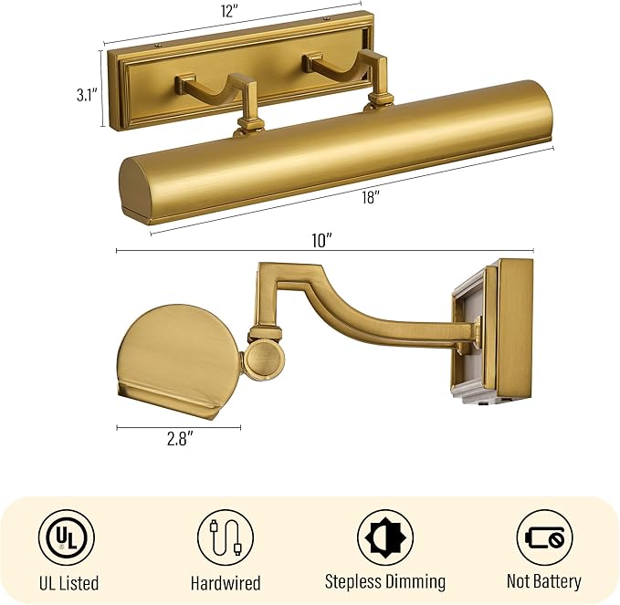 AUDOSY18 Brass Picture Light, 270° Rotatable Gold Wall Sconce Hardwired - Image 5